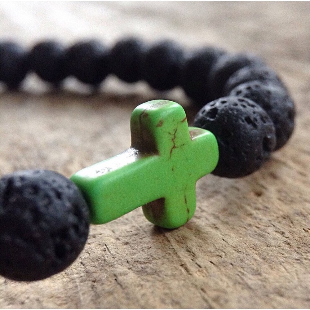 Green Cross Black Lava Stone Beaded Stretch Bracelet 8mm beads - 8 inches - Picture 2 of 3